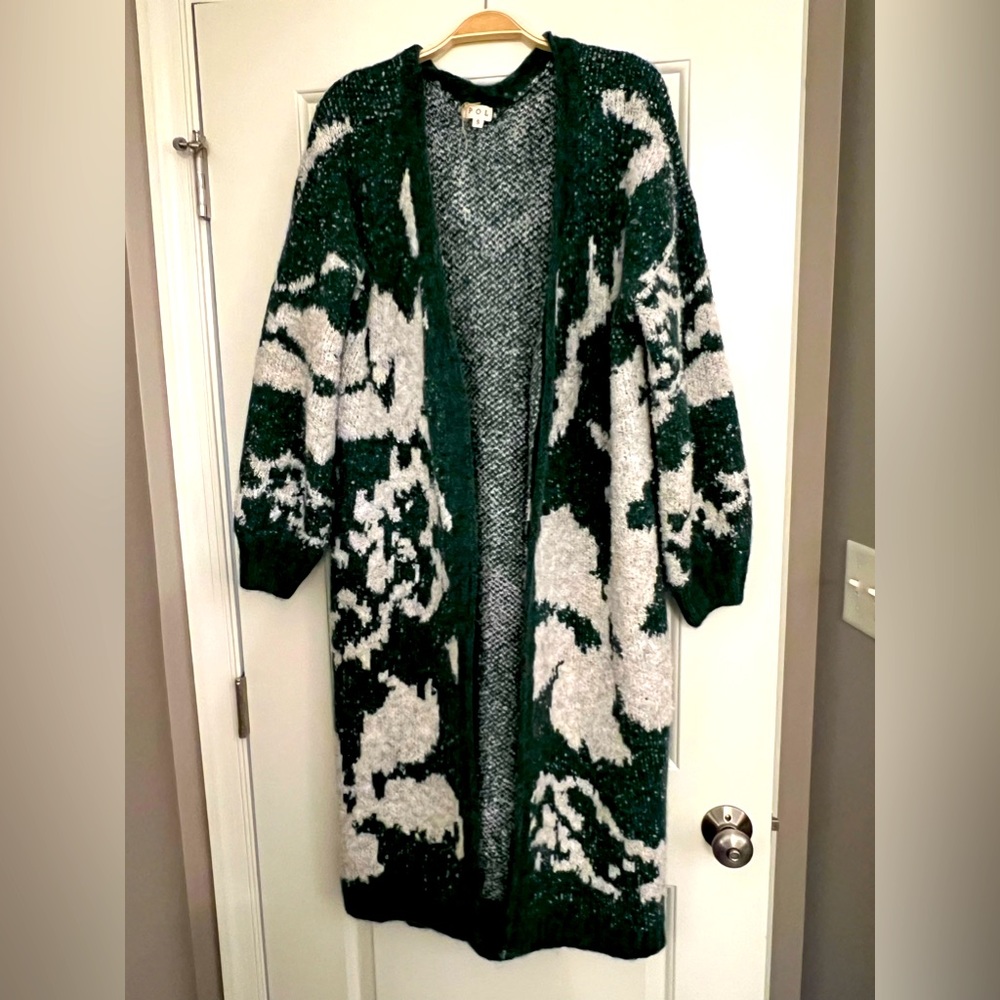 Long knit open cardigan jacket, no buttons, dark green and cream, size S